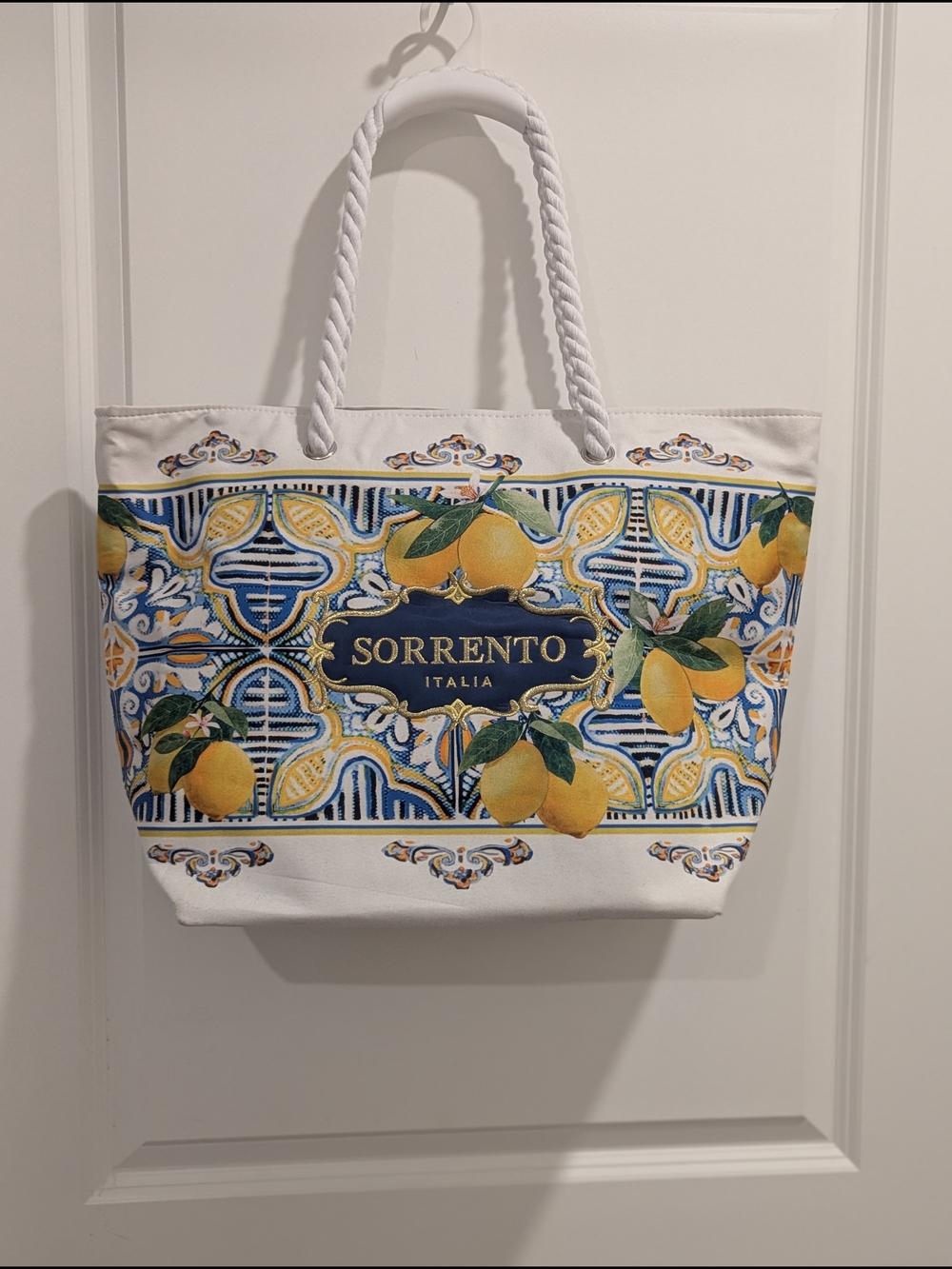 Sorrento Italy, Lemon-Print Canvas Tote in White and Yellow
